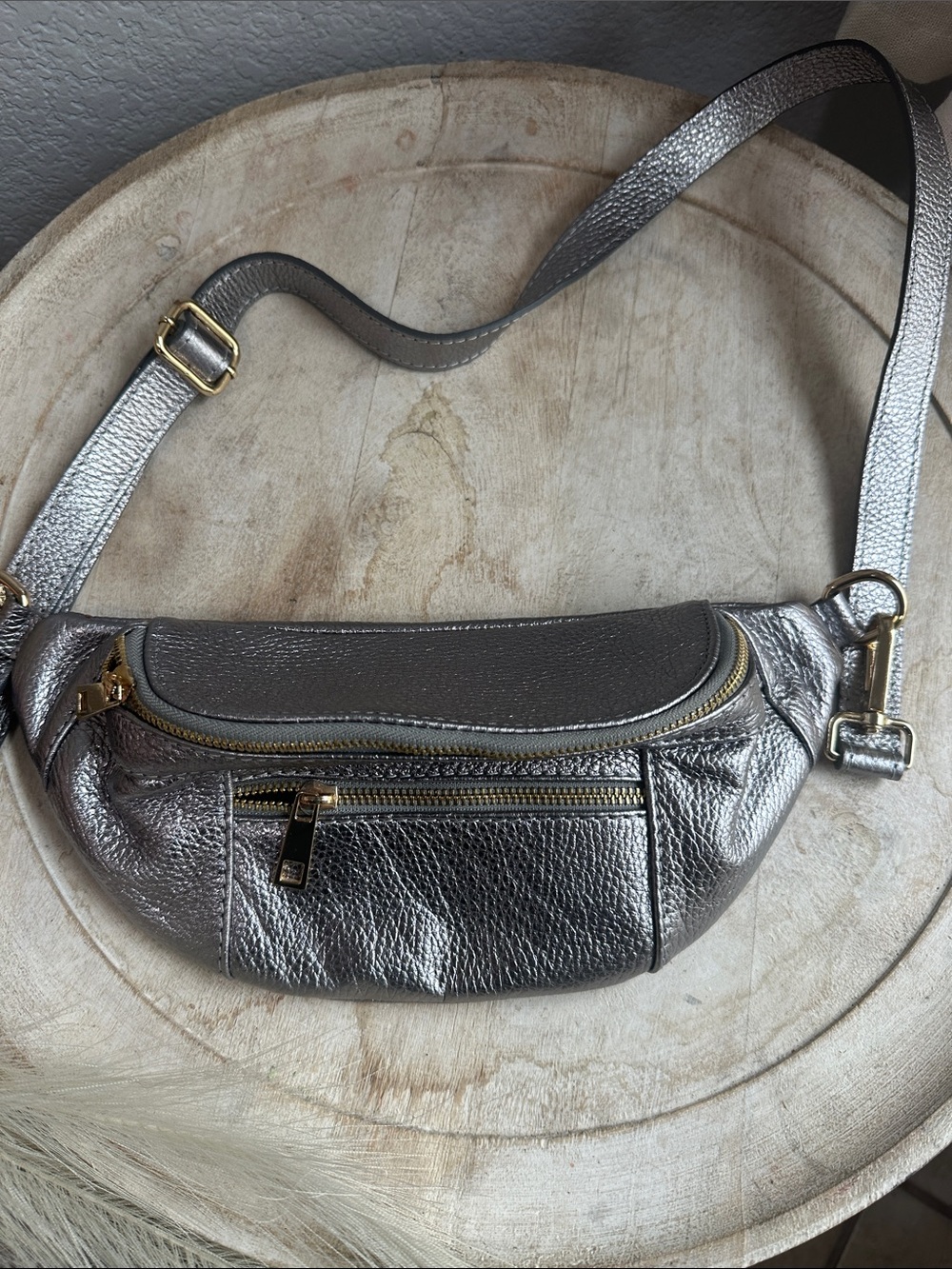 Metallic Silver Mini Crossbody Belt Bag with Gold Hardware